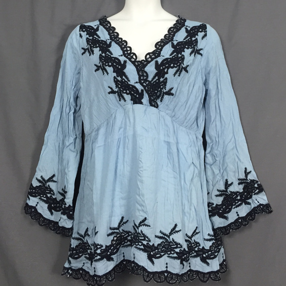 Roaman's Tops - Denim 24/7 boho embroidered bell TUNIC blue